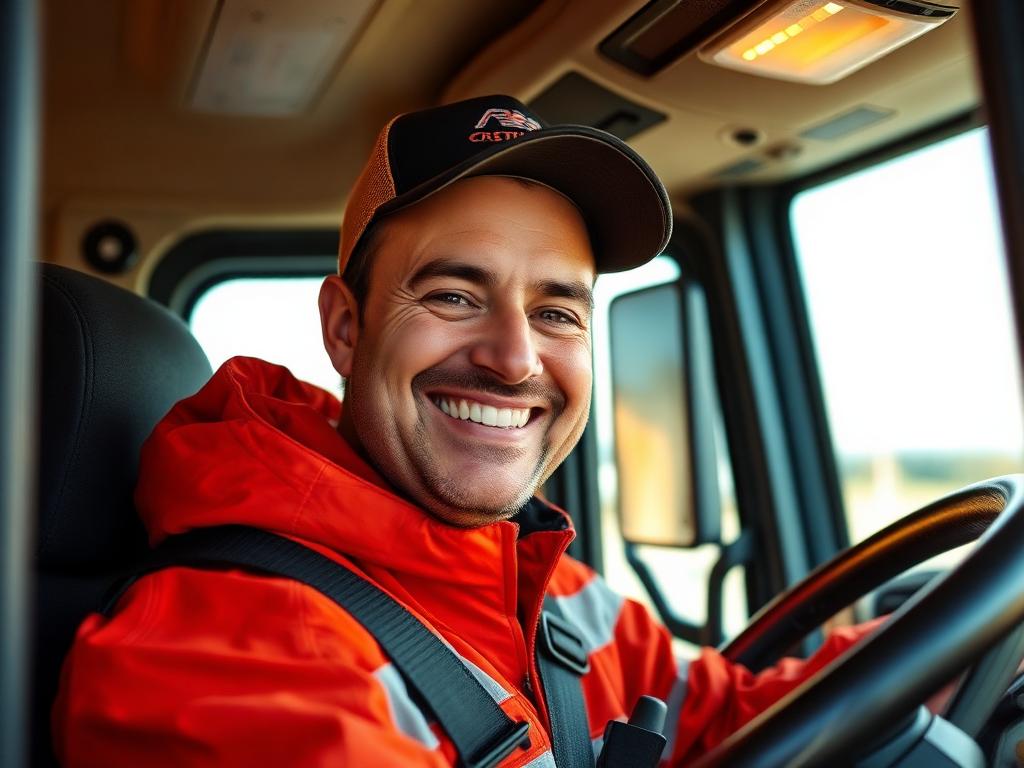 Professional Class 1 truck driver standing beside his rig before a Montreal route