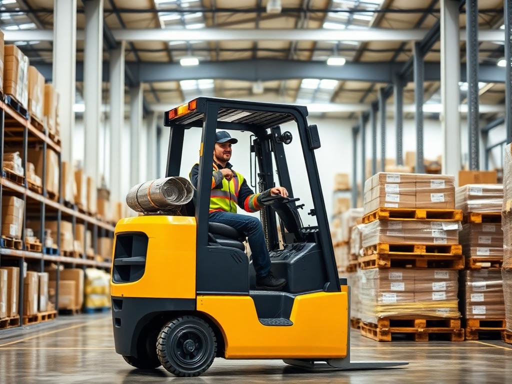 Certified forklift operator moving pallets of goods on a warehouse floor