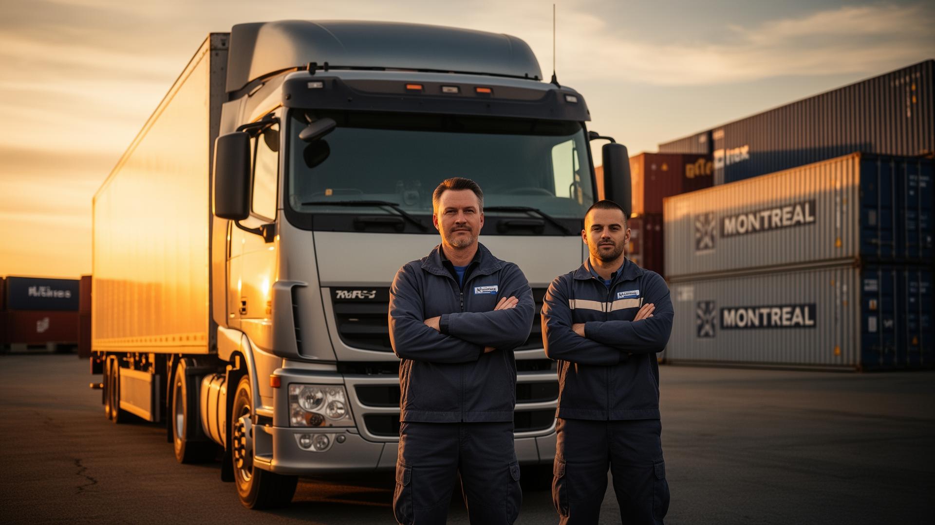 Professional truck driver and warehouse associate coordinating at a busy Montreal logistics depot