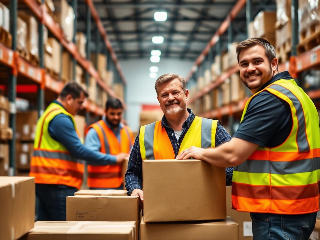 Two warehouse associates picking and packing orders inside a Montreal distribution centre